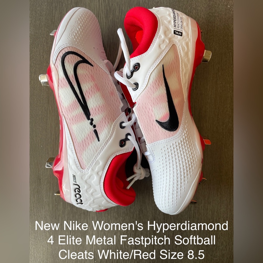 New Nike Women's Hyperdiamond 4 Elite Metal Softball Cleats White/Red Size 8.5